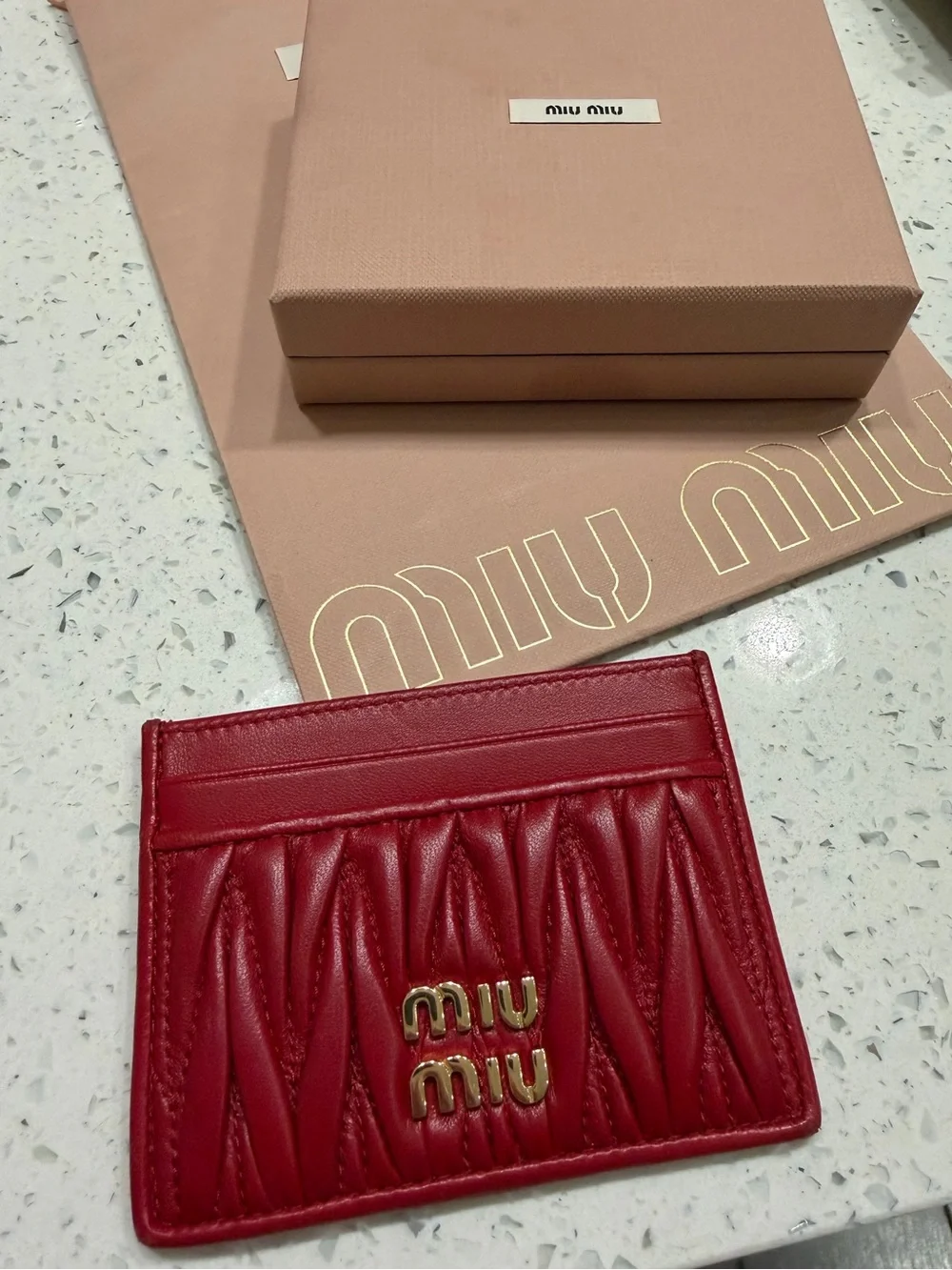 Miu Miu Red Matelassé Leather Card Holder with Gold